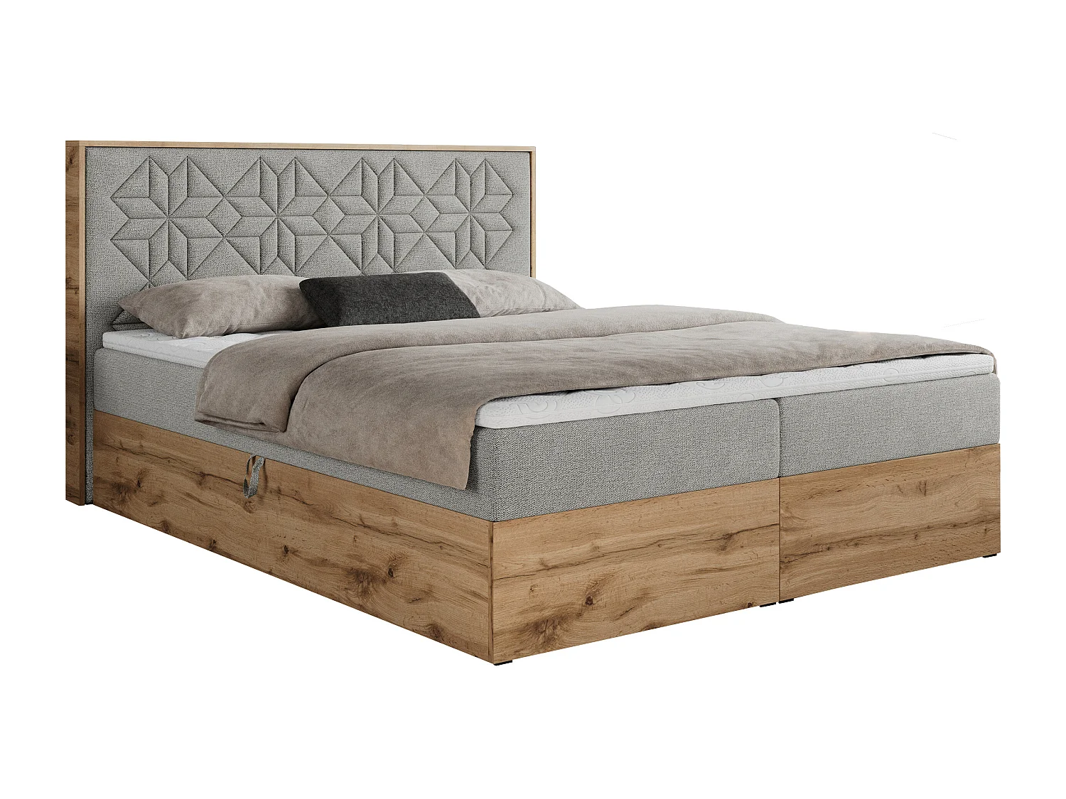 Boxspringbett NESSI - mit hoher Kopfstütze, Multipocket-Matratze und Topper, Doppelbett mit Bettkästen - 120x200 cm - H4 - Hellgrau Strukture