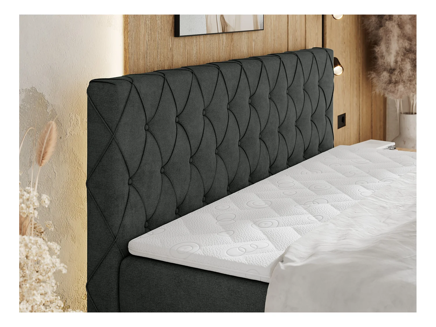 Boxspringbett MIREN KING DUO - für Schlafzimmer mit zwei Multipocket-Matratzen und Topper, gestepptes Kopfteil und Front  - 200x200 cm - H4 - Dunkelgrau Strukture