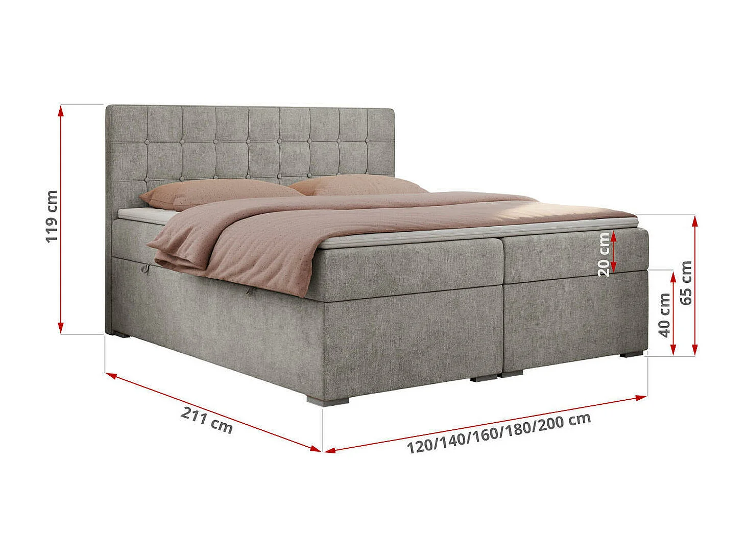 Boxspringbett CARMEN - Polsterbett mit zwei Bettkästen, gesteppte Kopfstütze, Multipocket-Matratze - 200x200 cm - H3 - Hellgrau Stukture