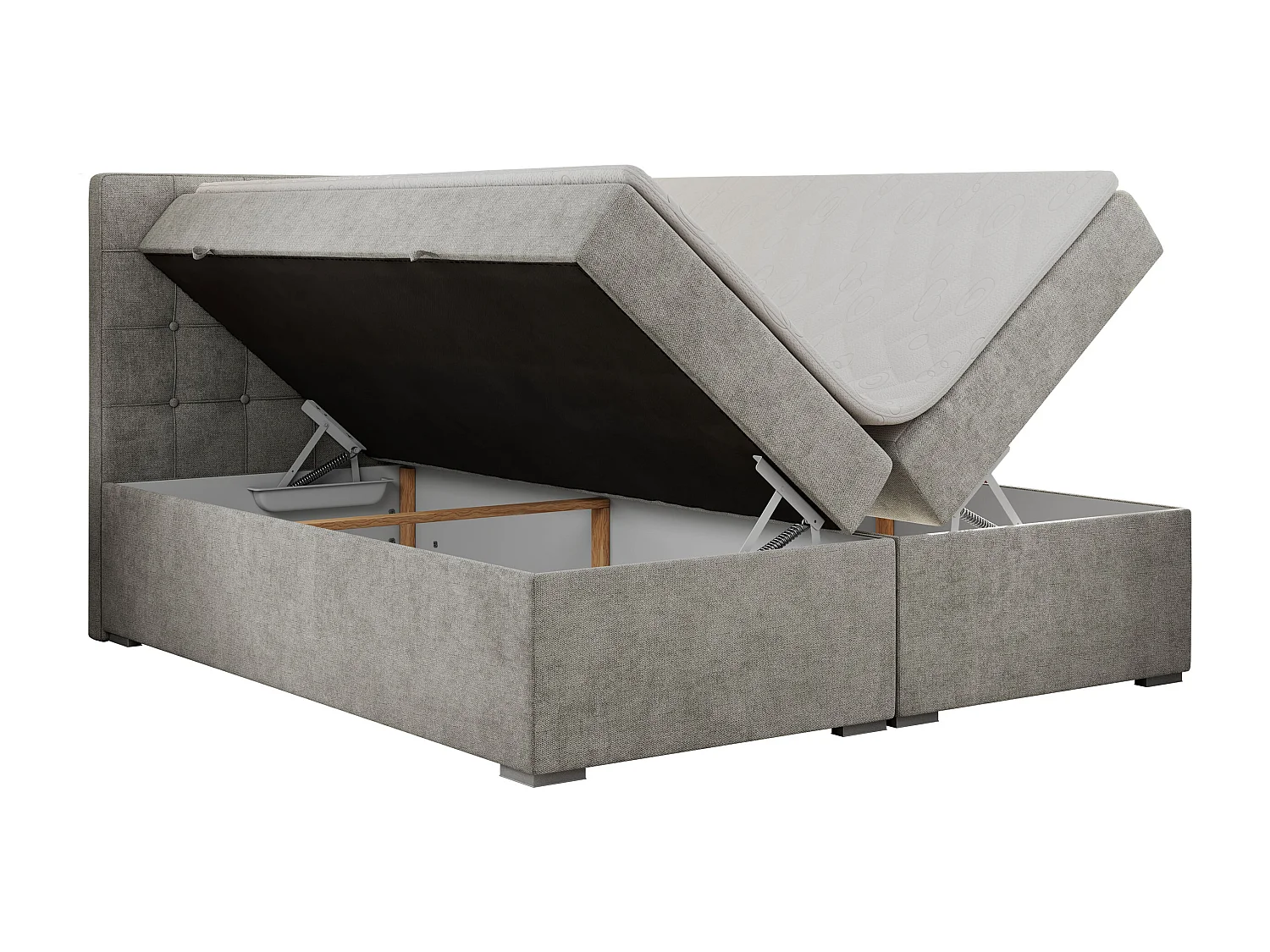 Boxspringbett CARMEN - Polsterbett mit zwei Bettkästen, gesteppte Kopfstütze, Multipocket-Matratze - 200x200 cm - H3 - Hellgrau Stukture