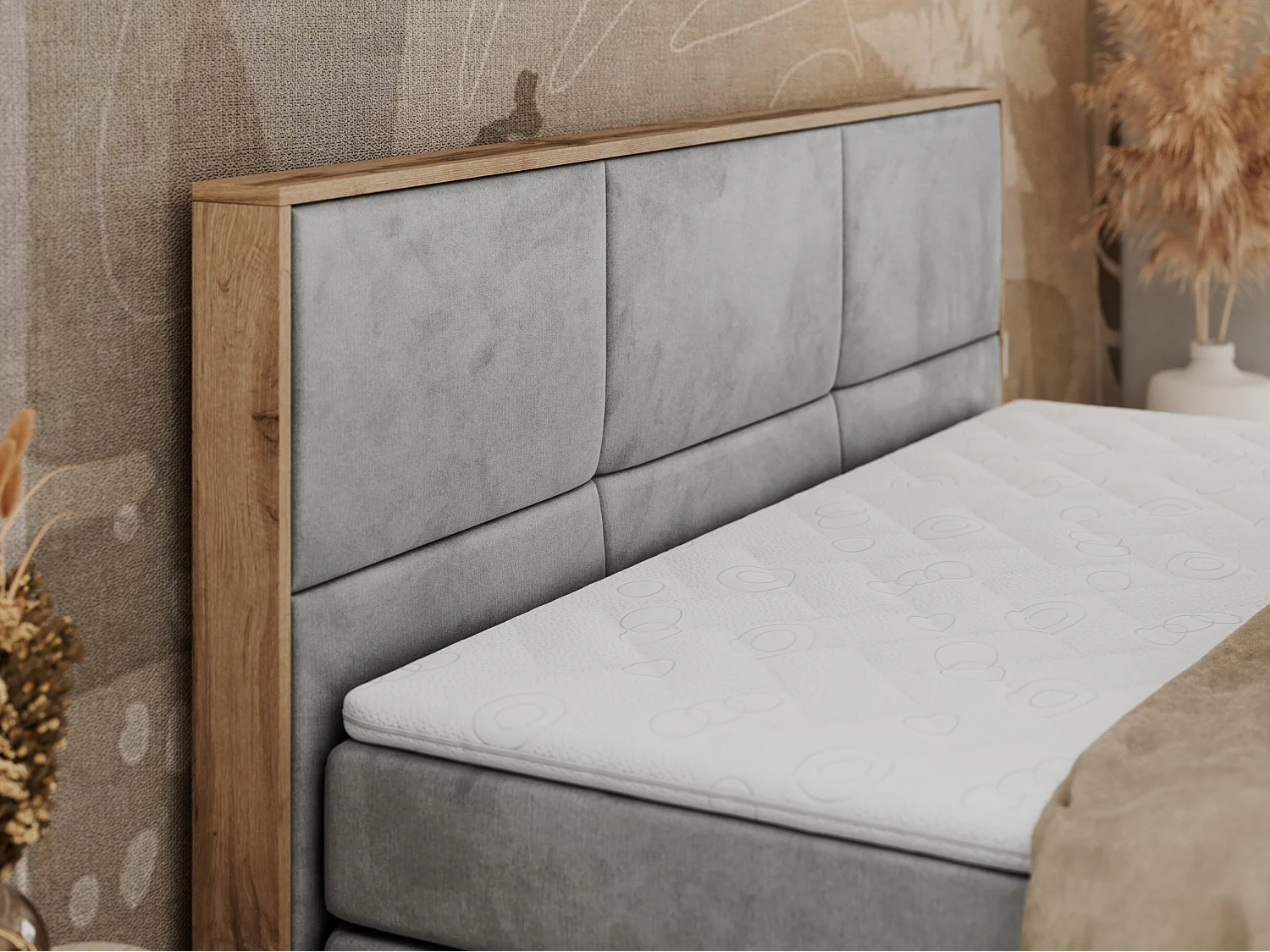 Boxspringbett ALBERO 2 KING DUO - Eiche Wotan Holzrahmen, zwei Multipocket-Matratzen, Bettkästen - 200x200 cm - H3 - Hellgrau Velvet