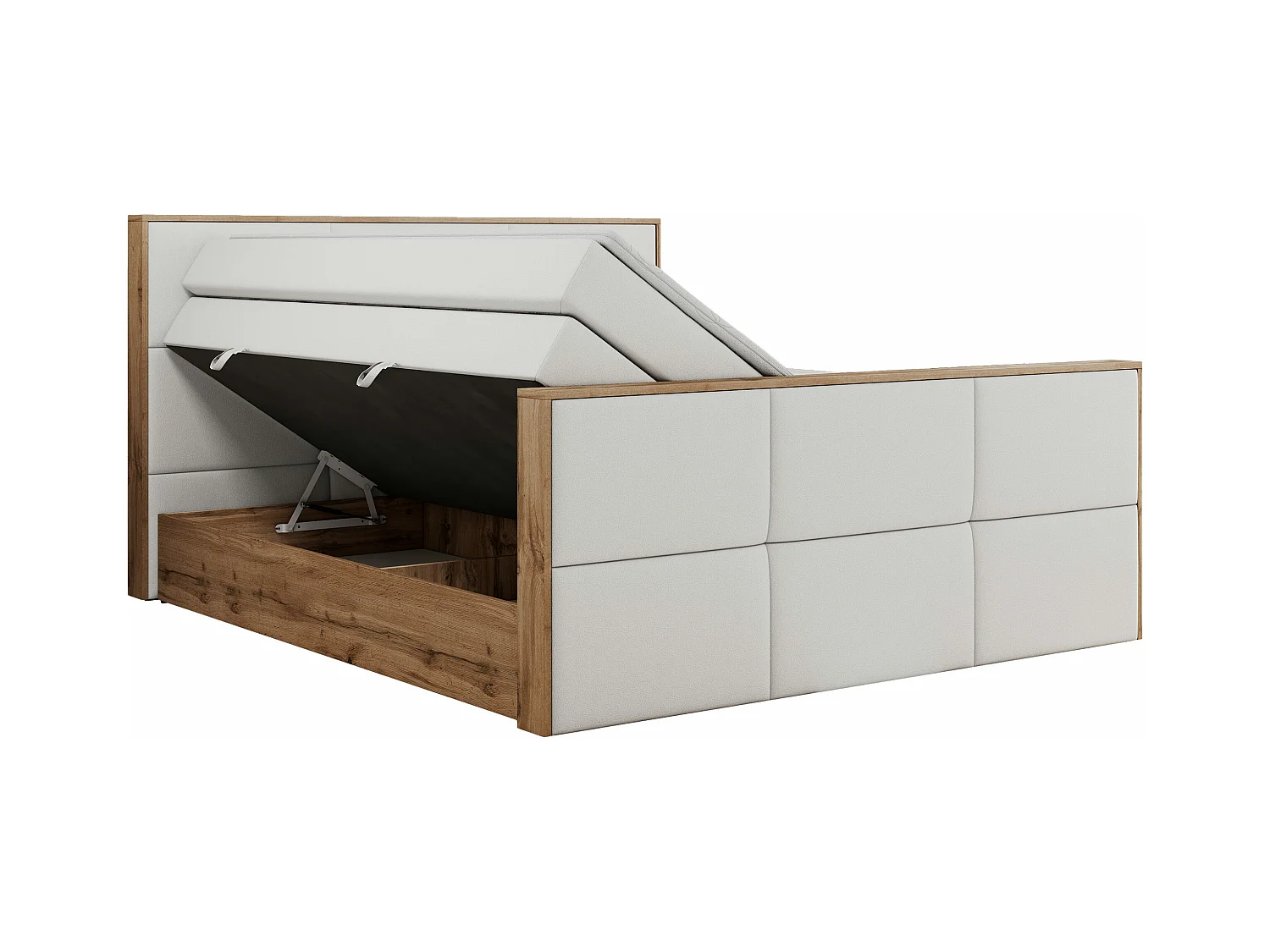 Boxspringbett ALBERO 2 KING DUO - Eiche Wotan Holzrahmen, zwei Multipocket-Matratzen, Bettkästen - 200x200 cm - H3 - Weiß Kunstleder