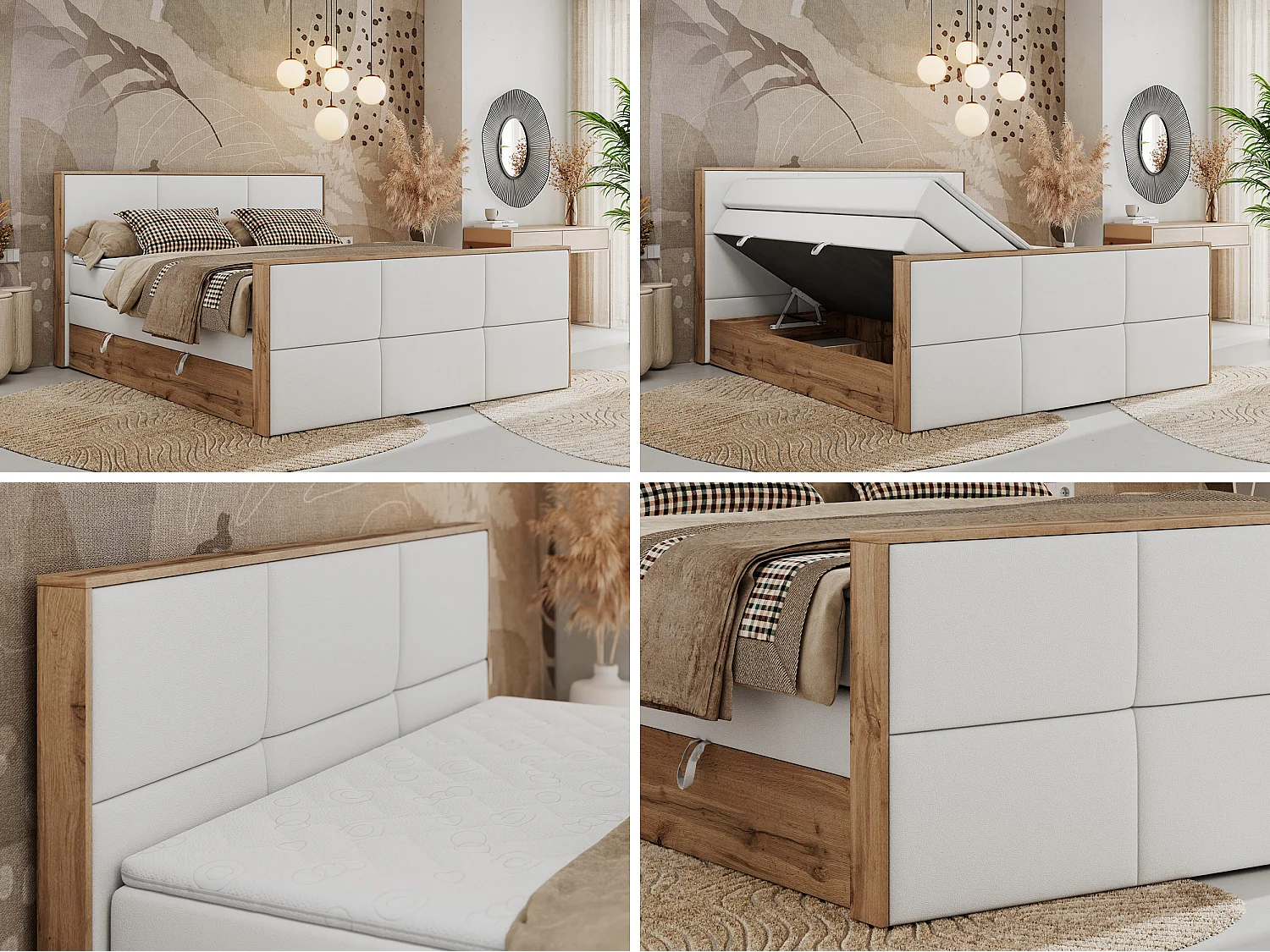 Boxspringbett ALBERO 2 KING DUO - Eiche Wotan Holzrahmen, zwei Multipocket-Matratzen, Bettkästen - 200x200 cm - H3 - Weiß Kunstleder