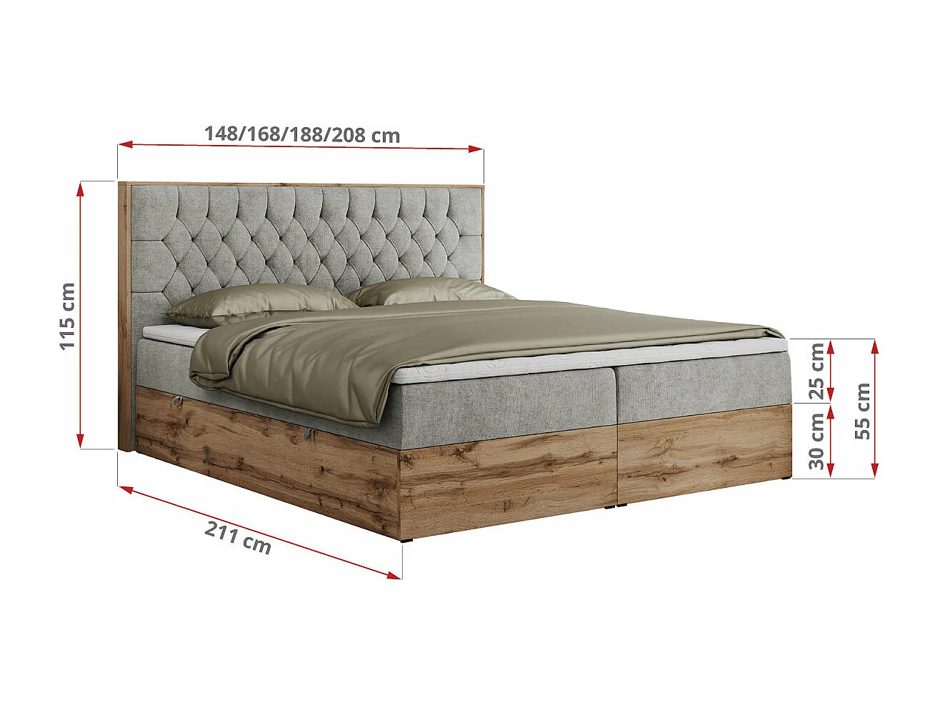 Boxspringbett AMORE - Bett mit Multipocket-Matratze, gesteppte Kopfstütze, Doppelbett für Schlafzimmer - 160x200 cm - H3 - Hellgrau Strukture