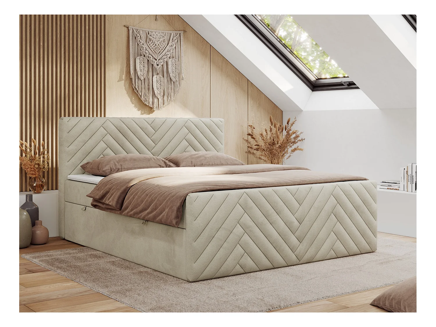 Boxspringbett PARIS DUO - Polsterbett mit genähtem Kopfteil und Frontplatte, Doppelbett, zwei Bettkästen - 180x200 cm - H4 - Beige Velvet