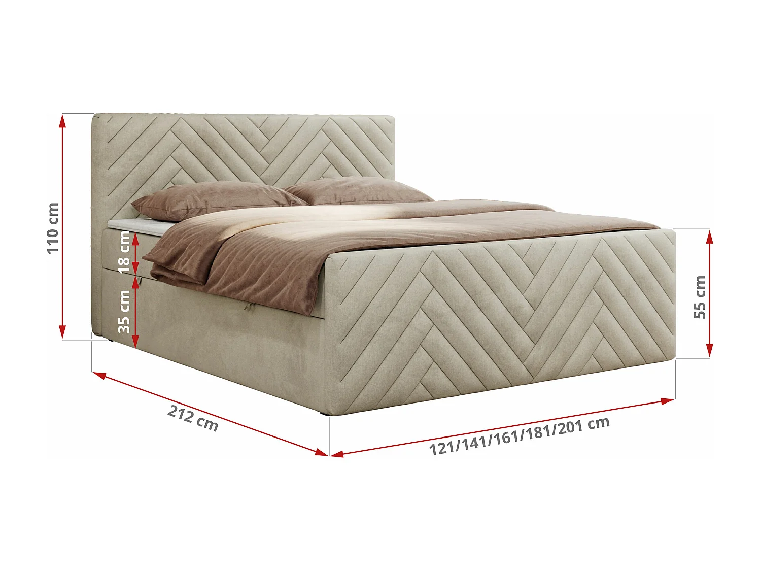 Boxspringbett PARIS DUO - Polsterbett mit genähtem Kopfteil und Frontplatte, Doppelbett, zwei Bettkästen - 180x200 cm - H4 - Beige Velvet