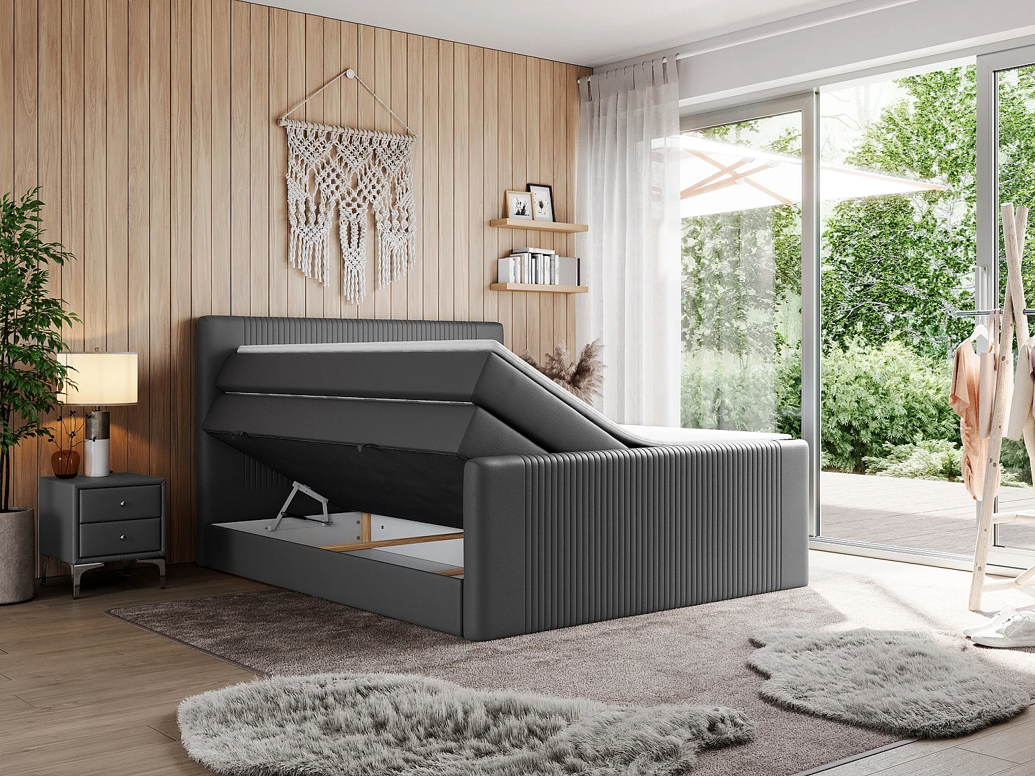 Boxspringbett DOREN KING - mit gesteppter Front und Kopfteil, zwei Multipocket-Matratzen und Topper, Doppelbett - 180x200 cm - H4 - Dunkelgrau Kunstleder