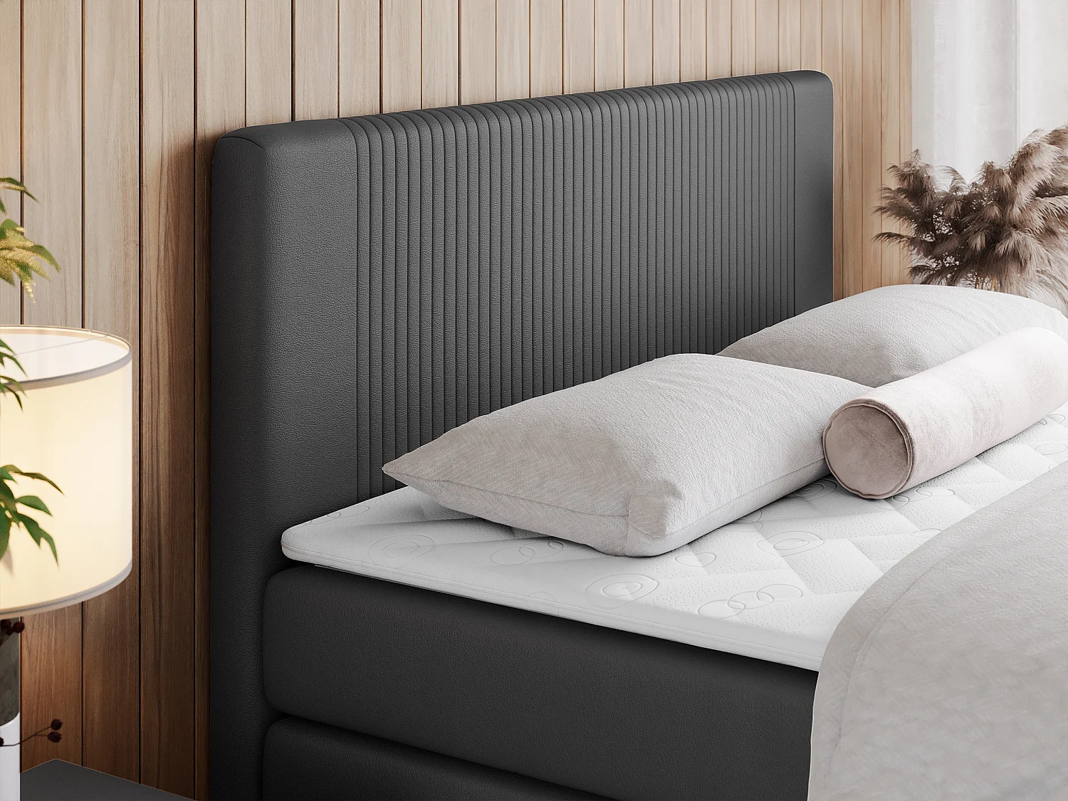 Boxspringbett DOREN KING - mit gesteppter Front und Kopfteil, zwei Multipocket-Matratzen und Topper, Doppelbett - 180x200 cm - H4 - Dunkelgrau Kunstleder