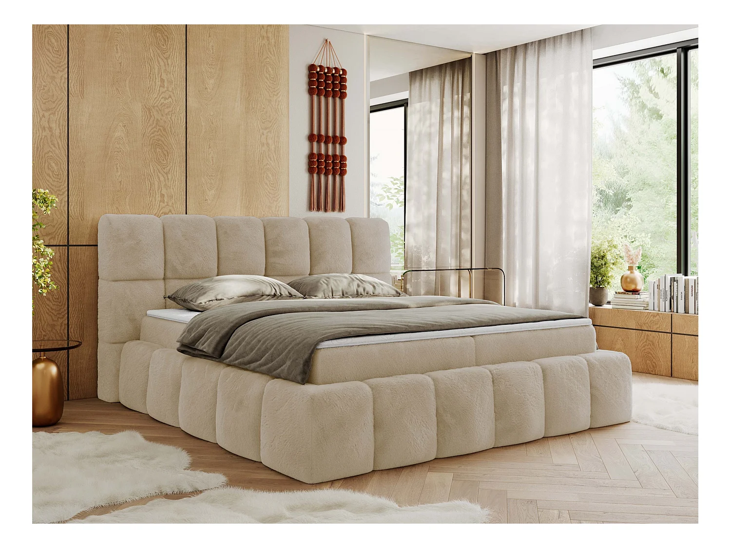 Boxspringbett NIRA - dekorativ kopfteil, Bettkästen und Multipocket-Matratze, Doppelbett für Schlafzimmer - 200x200 cm - H3 - Creme Plüsch