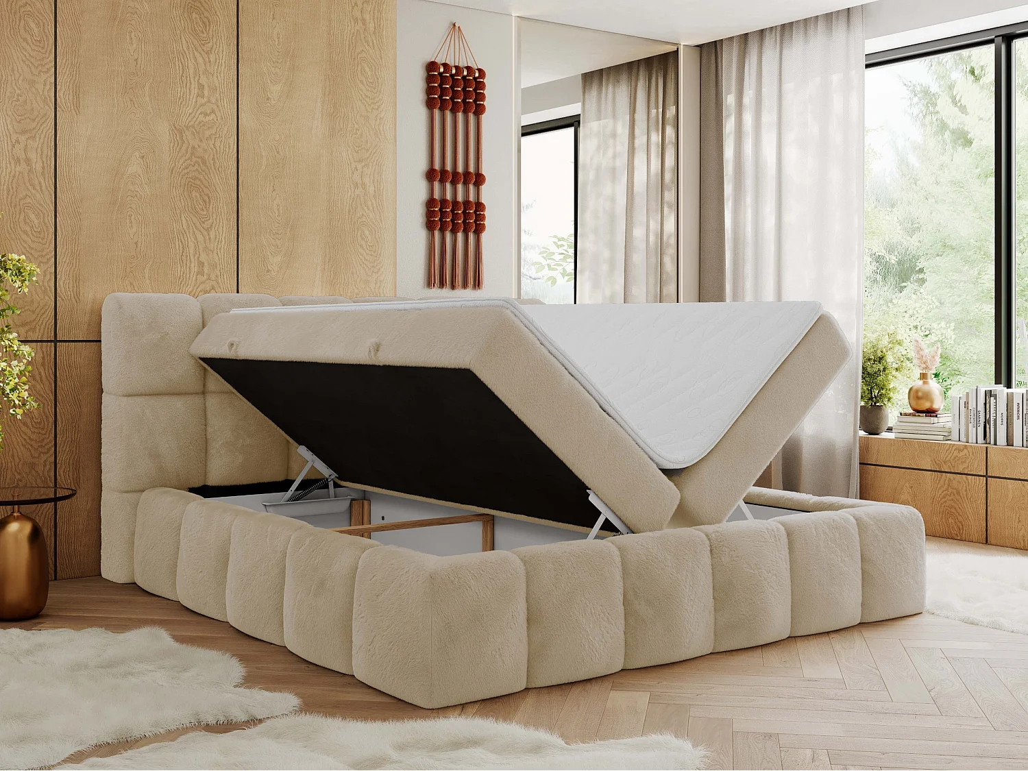 Boxspringbett NIRA - dekorativ kopfteil, Bettkästen und Multipocket-Matratze, Doppelbett für Schlafzimmer - 200x200 cm - H3 - Creme Plüsch