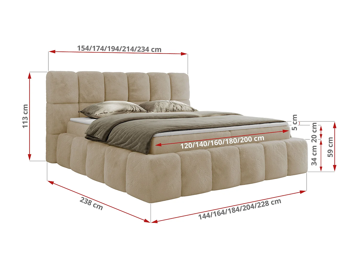 Boxspringbett NIRA - dekorativ kopfteil, Bettkästen und Multipocket-Matratze, Doppelbett für Schlafzimmer - 200x200 cm - H3 - Creme Plüsch