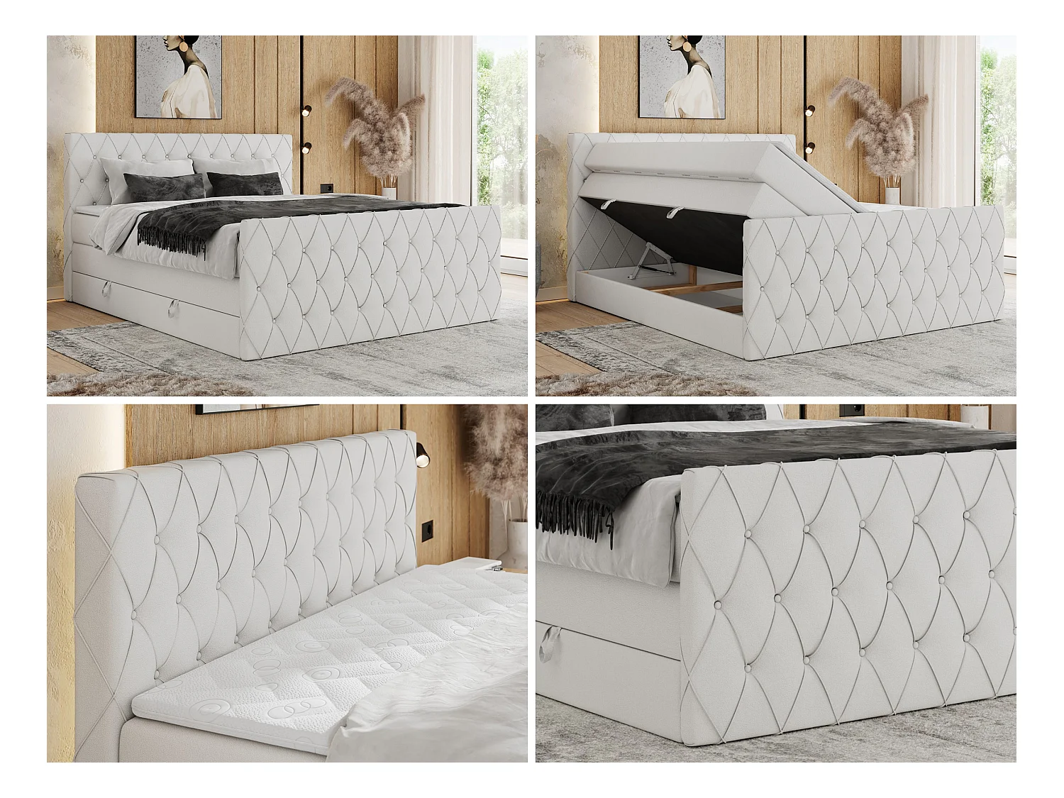 Boxspringbett MIREN KING DUO - für Schlafzimmer mit zwei Multipocket-Matratzen und Topper, gestepptes Kopfteil und Front  - 180x200 cm - H3 - Weiß Kunstleder