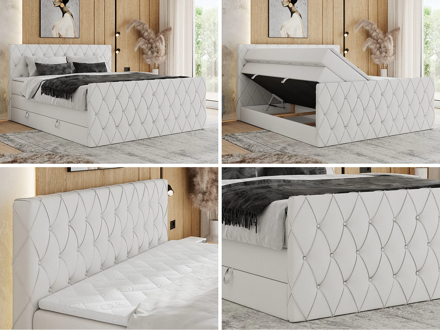 Boxspringbett MIREN KING DUO - für Schlafzimmer mit zwei Multipocket-Matratzen und Topper, gestepptes Kopfteil und Front  - 180x200 cm - H3 - Weiß Kunstleder