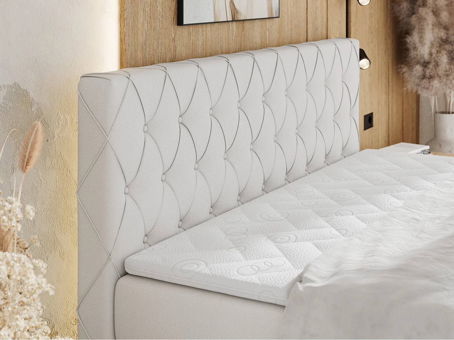 Boxspringbett MIREN KING DUO - für Schlafzimmer mit zwei Multipocket-Matratzen und Topper, gestepptes Kopfteil und Front  - 180x200 cm - H3 - Weiß Kunstleder