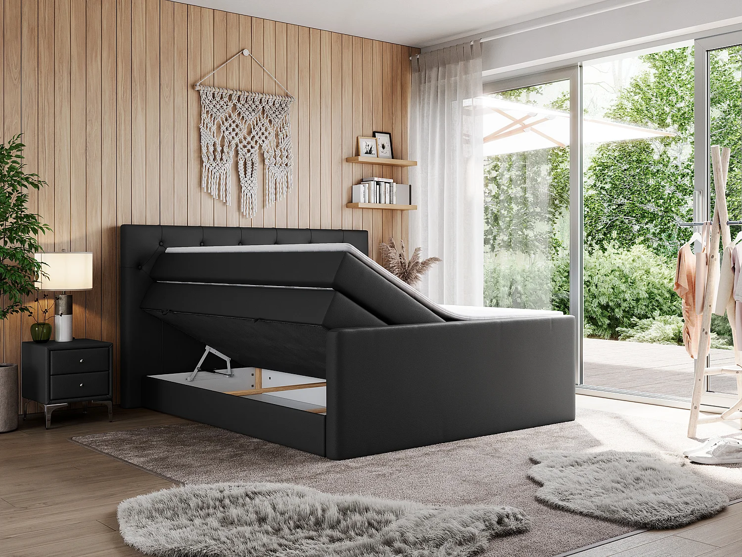 Boxspringbett VELEN KING - Doppelbett mit gestepptem Kopfteil, zwei Multipocket-Matratzen, Polsterbett mit Kopfstütze - 120x200 cm - H4 - Schwarz Kunstleder