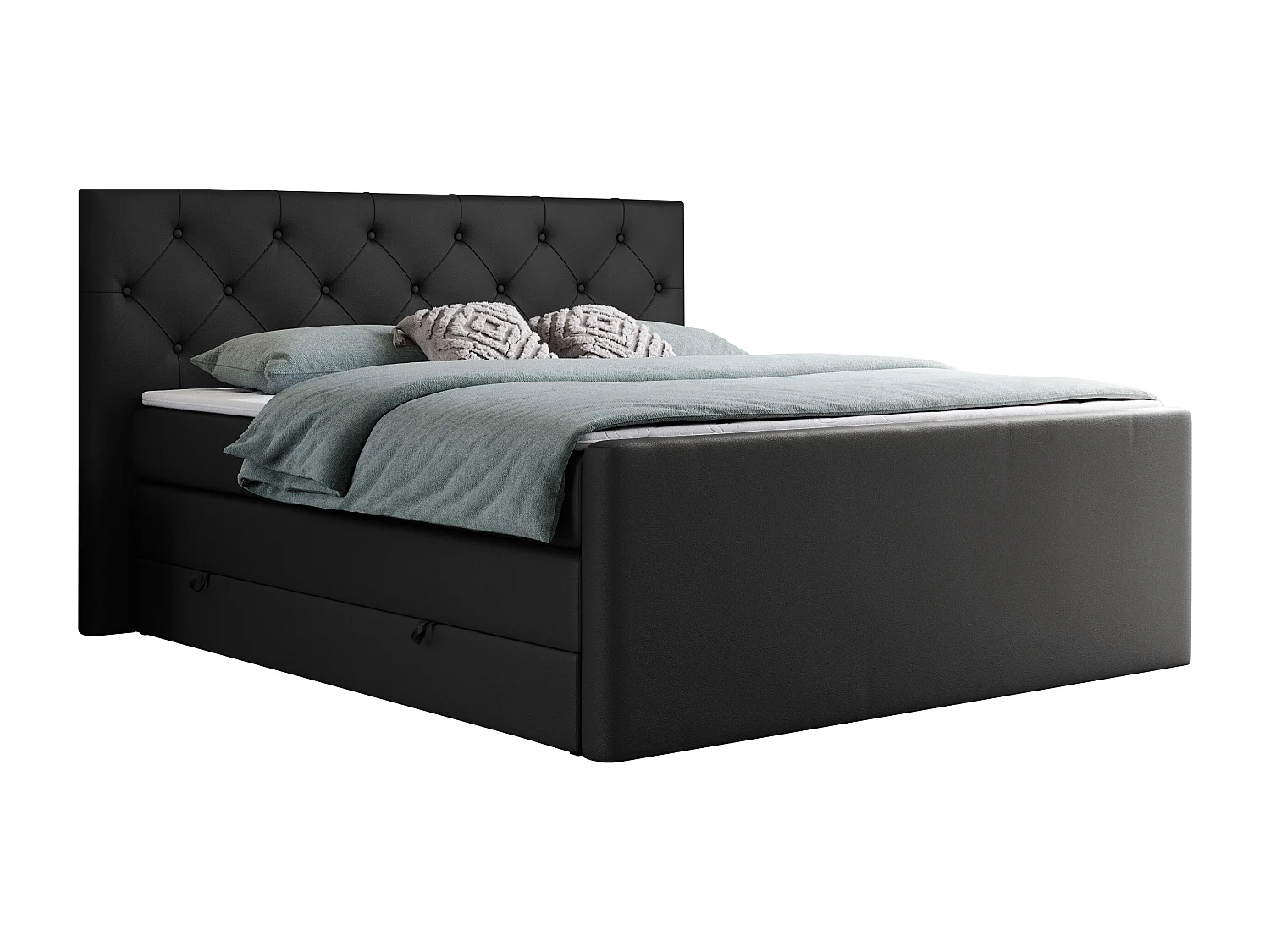 Boxspringbett VELEN KING - Doppelbett mit gestepptem Kopfteil, zwei Multipocket-Matratzen, Polsterbett mit Kopfstütze - 120x200 cm - H4 - Schwarz Kunstleder