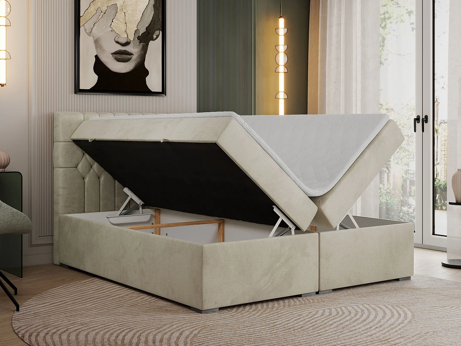 Boxspringbett PERA - gesteppte Kopfstütze, Multipocket-Matratze und Topper, Doppelbett mit Stauraum - 160x200 cm - H4 - Beige Velvet