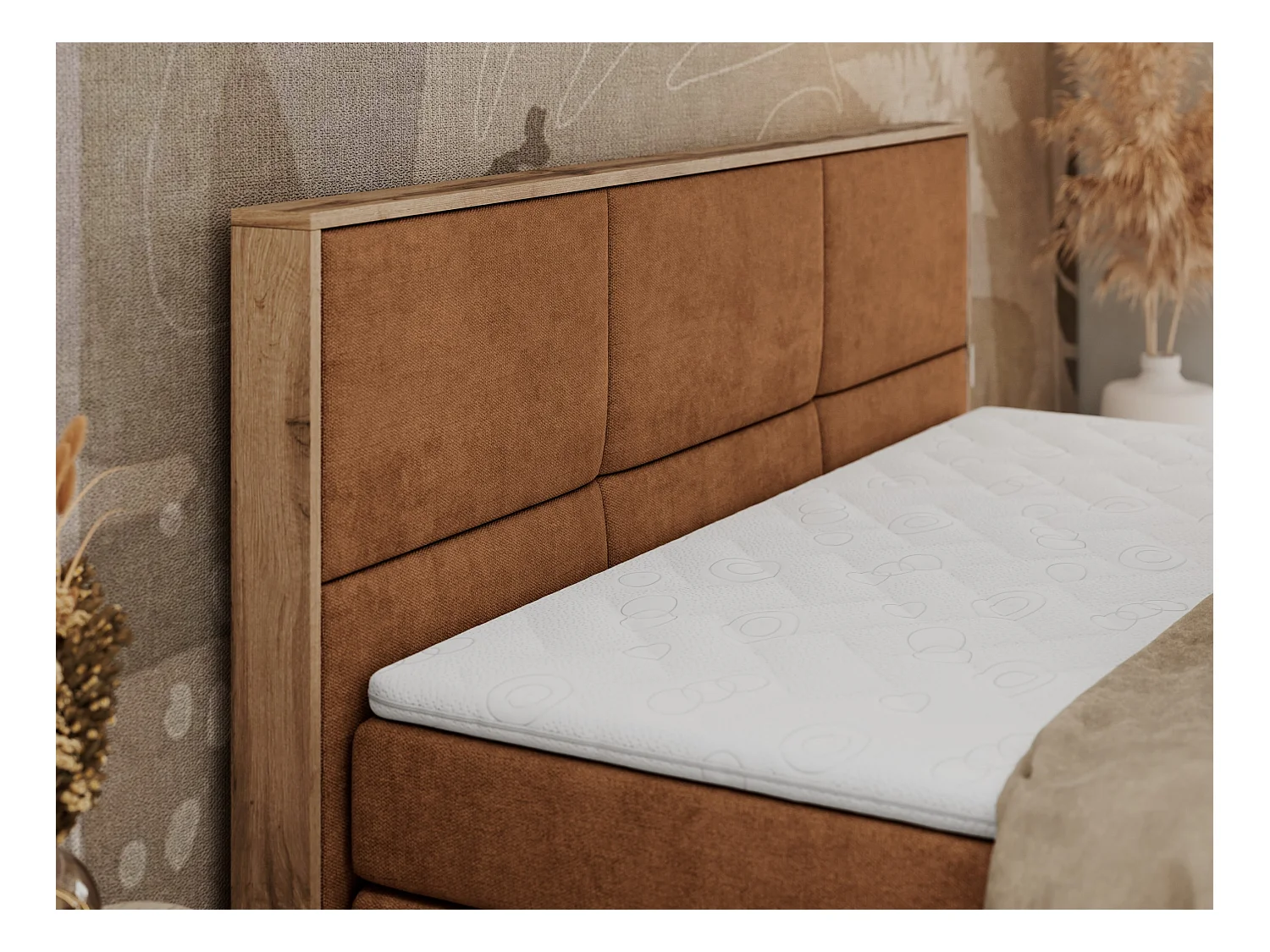 Boxspringbett ALBERO 2 KING DUO - Eiche Wotan Holzrahmen, zwei Multipocket-Matratzen, Bettkästen - 180x200 cm - H3 - Orange Strukture