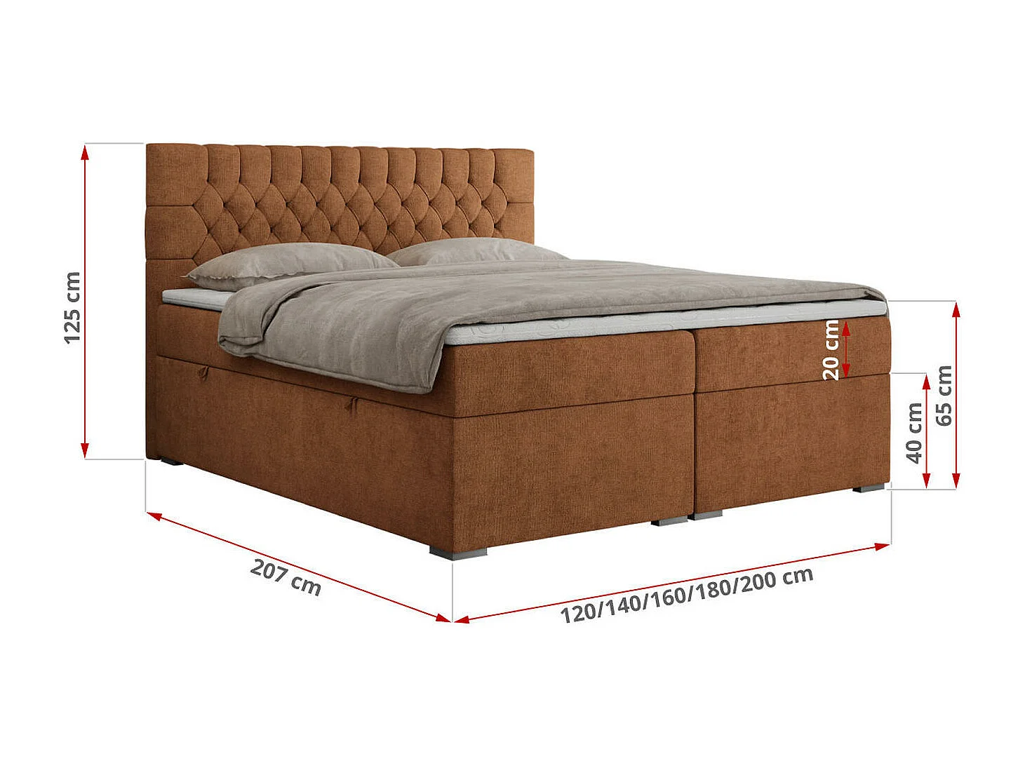 Boxspringbett PERA - gesteppte Kopfstütze, Multipocket-Matratze und Topper, Doppelbett mit Stauraum - 200x200 cm - H3 - Orange Strukture
