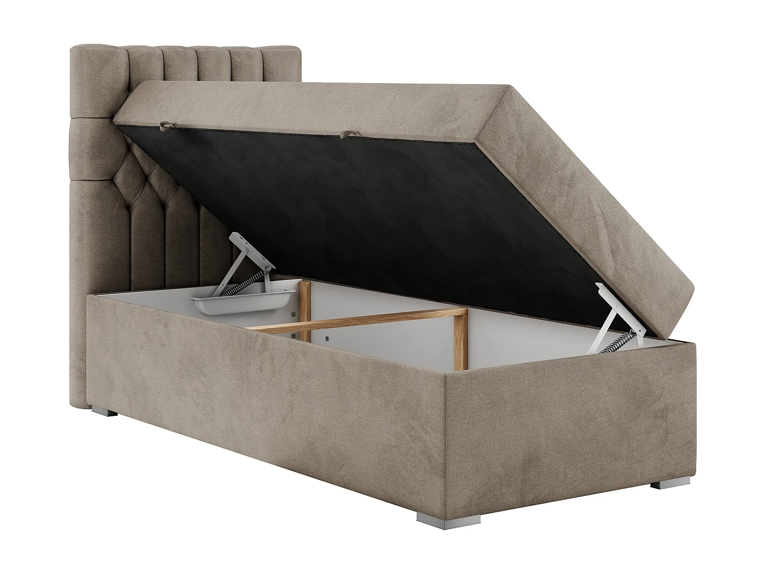 Boxspringbett PERA - Einzelbett mit Kopfstütze, Polsterbett, Multipocket-Matratze, genähtes Kopfteil - 90x200 cm - H4 - Braun Velvet - Links Seite