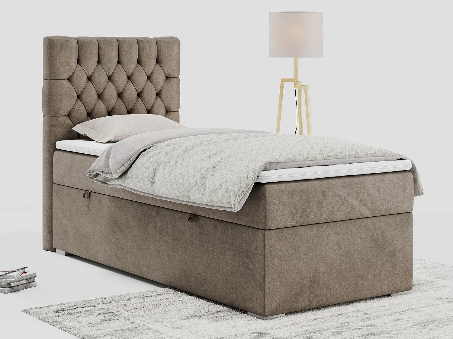 Boxspringbett PERA - Einzelbett mit Kopfstütze, Polsterbett, Multipocket-Matratze, genähtes Kopfteil - 90x200 cm - H4 - Braun Velvet - Links Seite