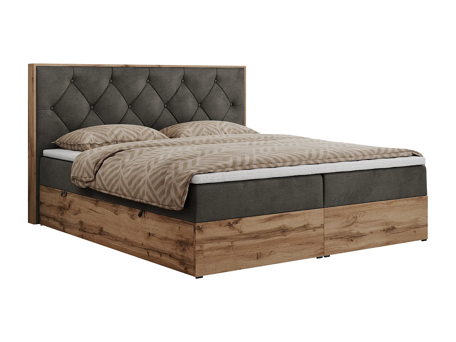 Boxspringbett VENETO - gestepptem Kopfteil, Set mit Multipocket-Matratze und Topper, Holzrahmen, zwei Bettkästen - 180x200 cm - H4 - Dunkelgrau Velvet