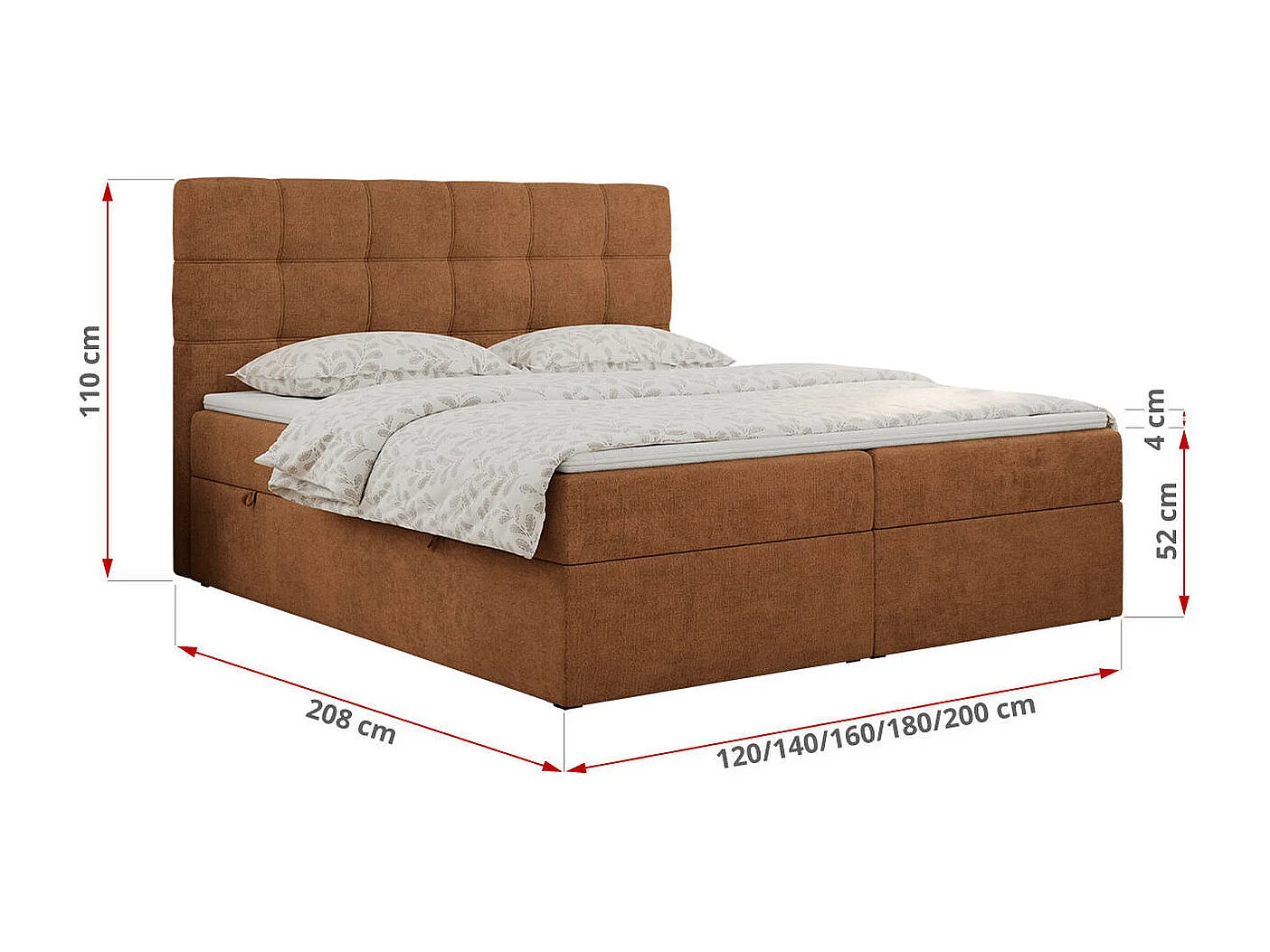 Boxspringbett ERNI - mit gestepptem Kopfteil, Polsterbett, Multipocket-Matratze und Topper, Bettkästen - 140x200 cm - H3 - Orange Stukture