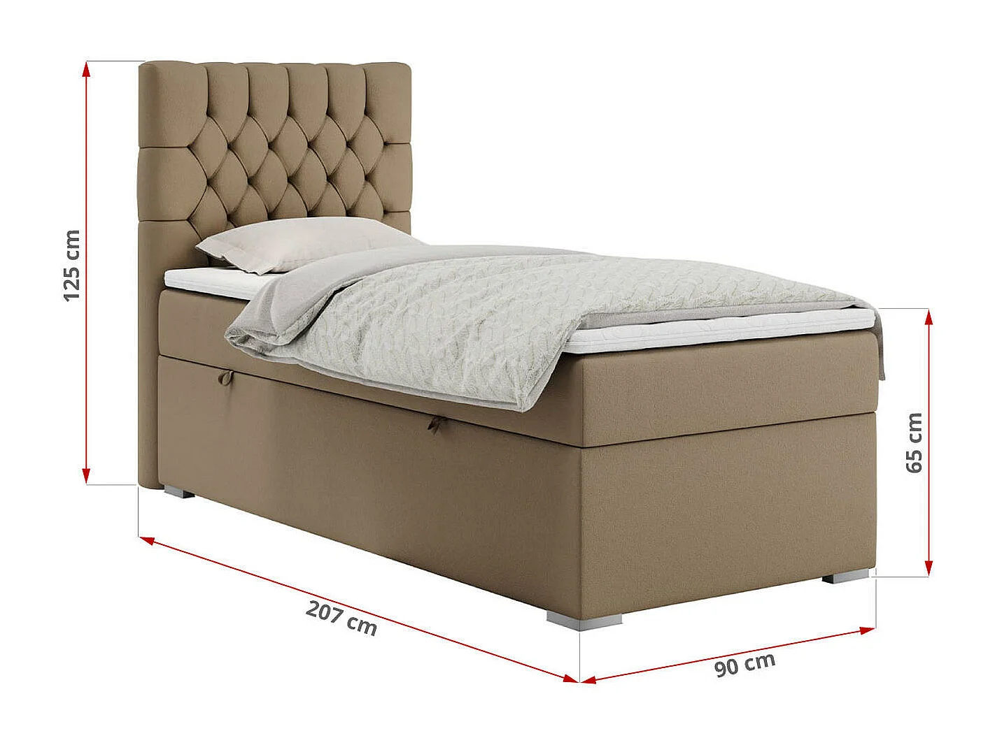 Boxspringbett PERA - Einzelbett mit Kopfstütze, Polsterbett, Multipocket-Matratze, genähtes Kopfteil - 90x200 cm - H4 - Braun Kunstleder - Rechts Seite