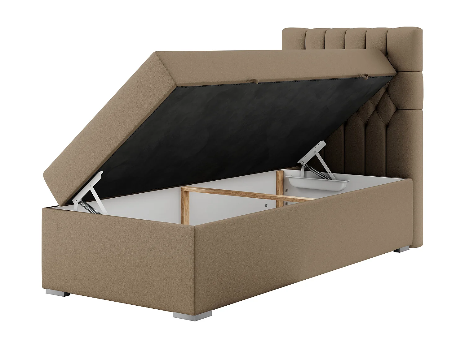 Boxspringbett PERA - Einzelbett mit Kopfstütze, Polsterbett, Multipocket-Matratze, genähtes Kopfteil - 90x200 cm - H4 - Braun Kunstleder - Rechts Seite