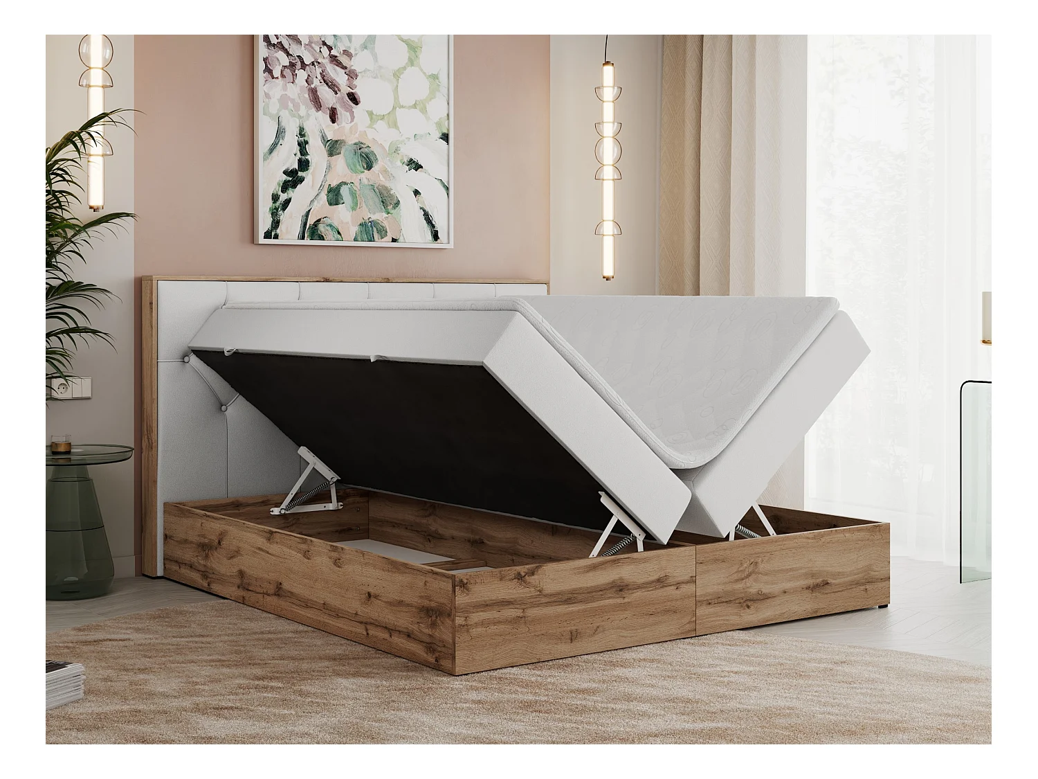 Boxspringbett VENETO - gestepptem Kopfteil, Set mit Multipocket-Matratze und Topper, Holzrahmen, zwei Bettkästen - 180x200 cm - H3 - Weiß Kunstleder