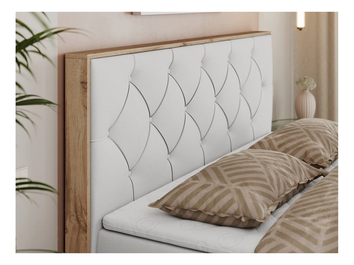 Boxspringbett VENETO - gestepptem Kopfteil, Set mit Multipocket-Matratze und Topper, Holzrahmen, zwei Bettkästen - 180x200 cm - H3 - Weiß Kunstleder