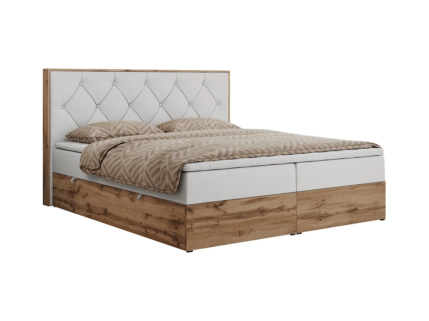 Boxspringbett VENETO - gestepptem Kopfteil, Set mit Multipocket-Matratze und Topper, Holzrahmen, zwei Bettkästen - 180x200 cm - H3 - Weiß Kunstleder