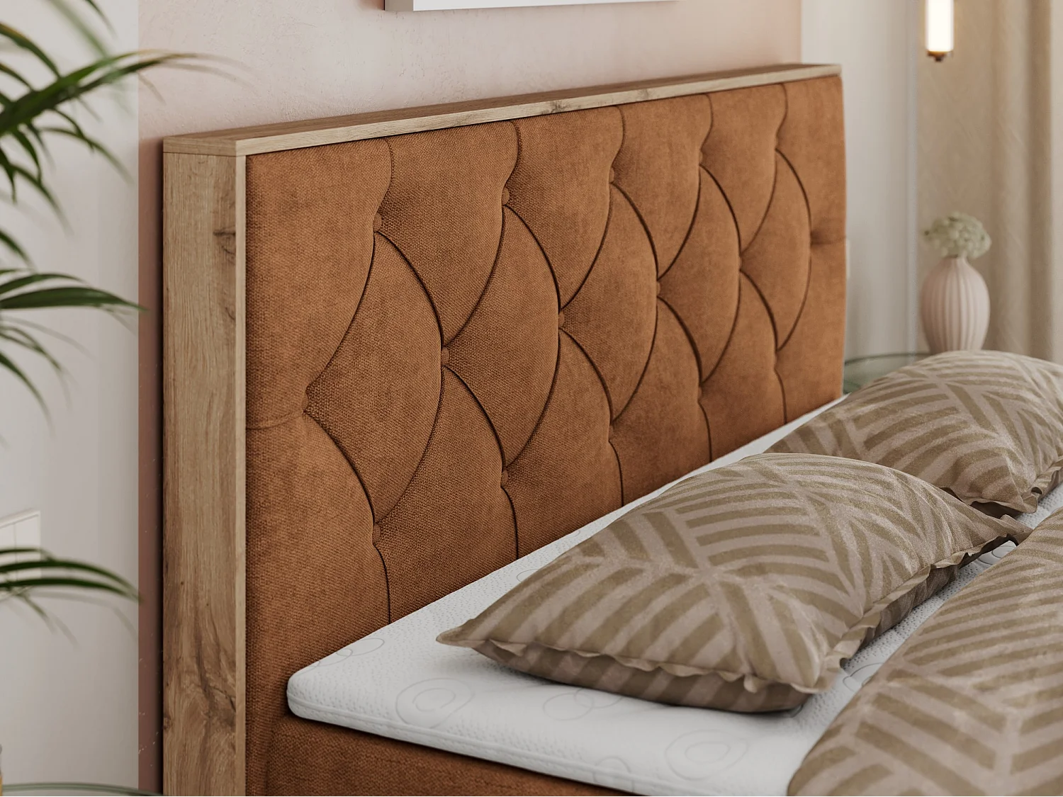 Boxspringbett VENETO - gestepptem Kopfteil, Set mit Multipocket-Matratze und Topper, Holzrahmen, zwei Bettkästen - 140x200 cm - H3 - Orange Strukture