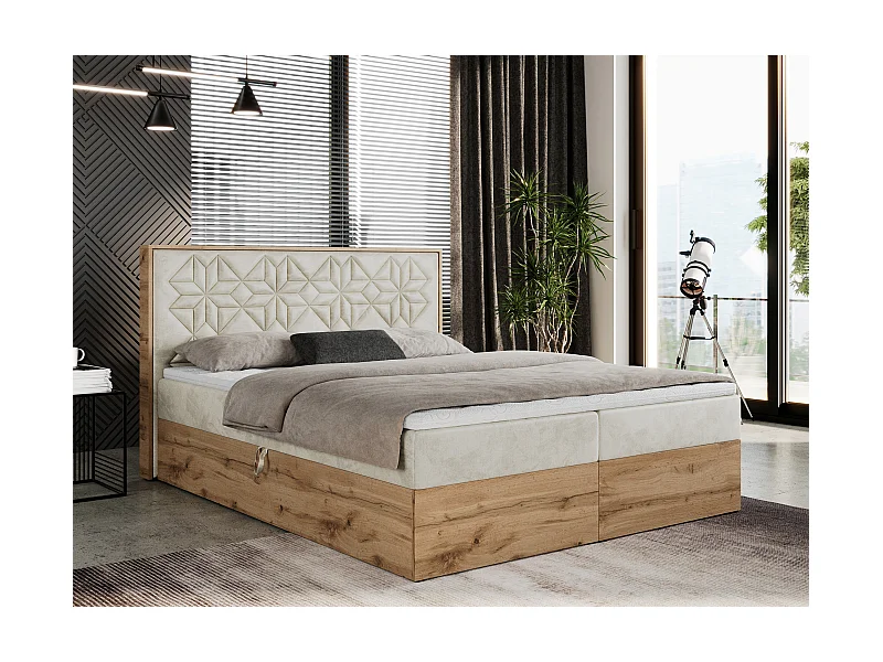 Boxspringbett NESSI - mit hoher Kopfstütze, Multipocket-Matratze und Topper, Doppelbett mit Bettkästen - 180x200 cm - H3 - Beige Velvet