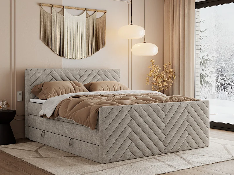 Boxspringbett PARIS KING DUO - dekorative Kopfstütze und Front, zwei Multipocket-Matratze mit Topper - 160x200 cm - H4 - Beige Strukture