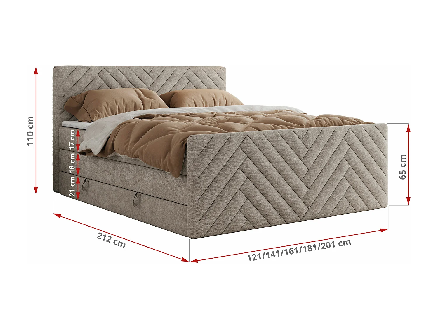 Boxspringbett PARIS KING DUO - dekorative Kopfstütze und Front, zwei Multipocket-Matratze mit Topper - 160x200 cm - H4 - Beige Strukture