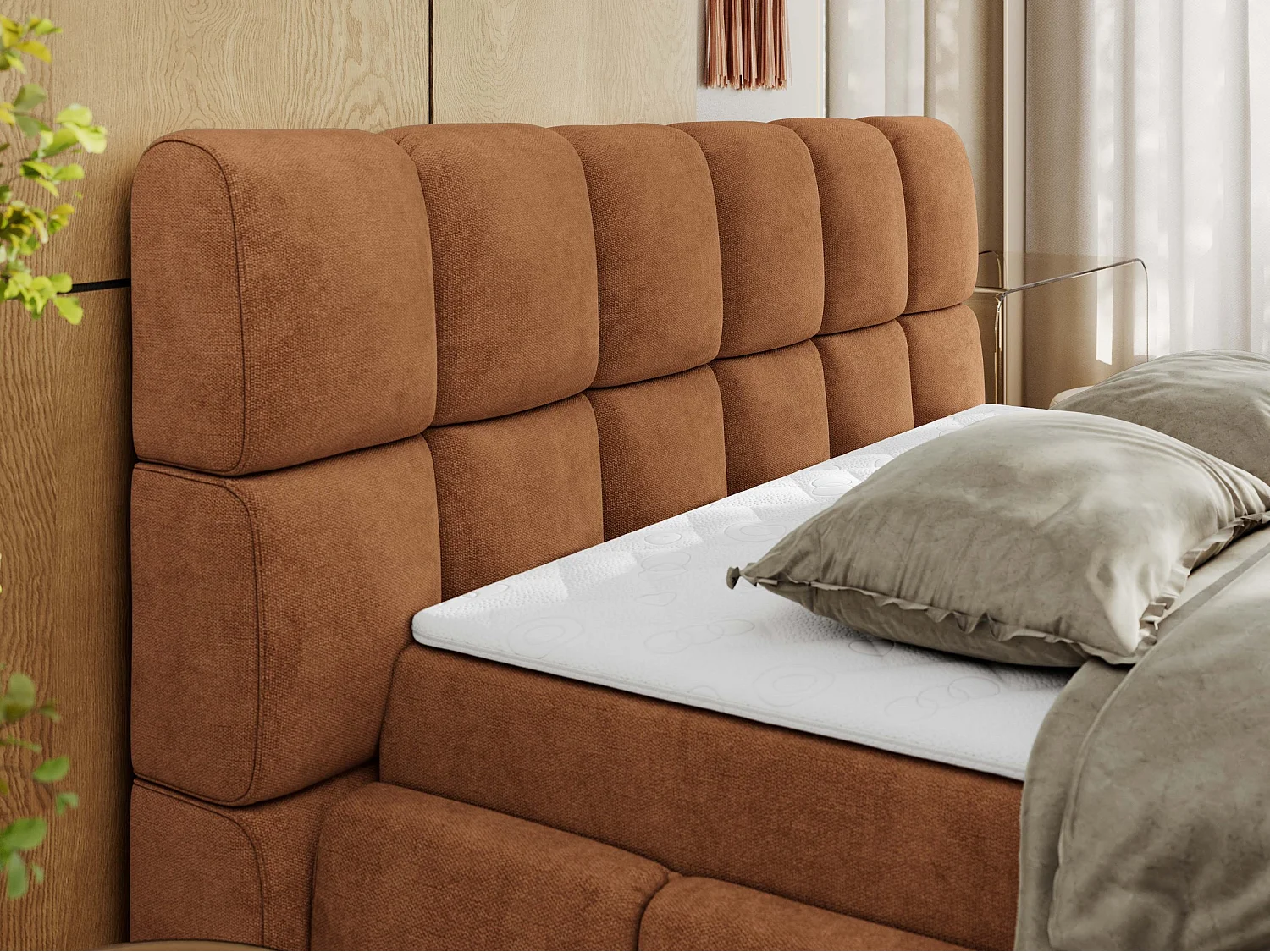 Boxspringbett NIRA - dekorativ kopfteil, Bettkästen und Multipocket-Matratze, Doppelbett für Schlafzimmer - 180x200 cm - H4 - Orange Strukture