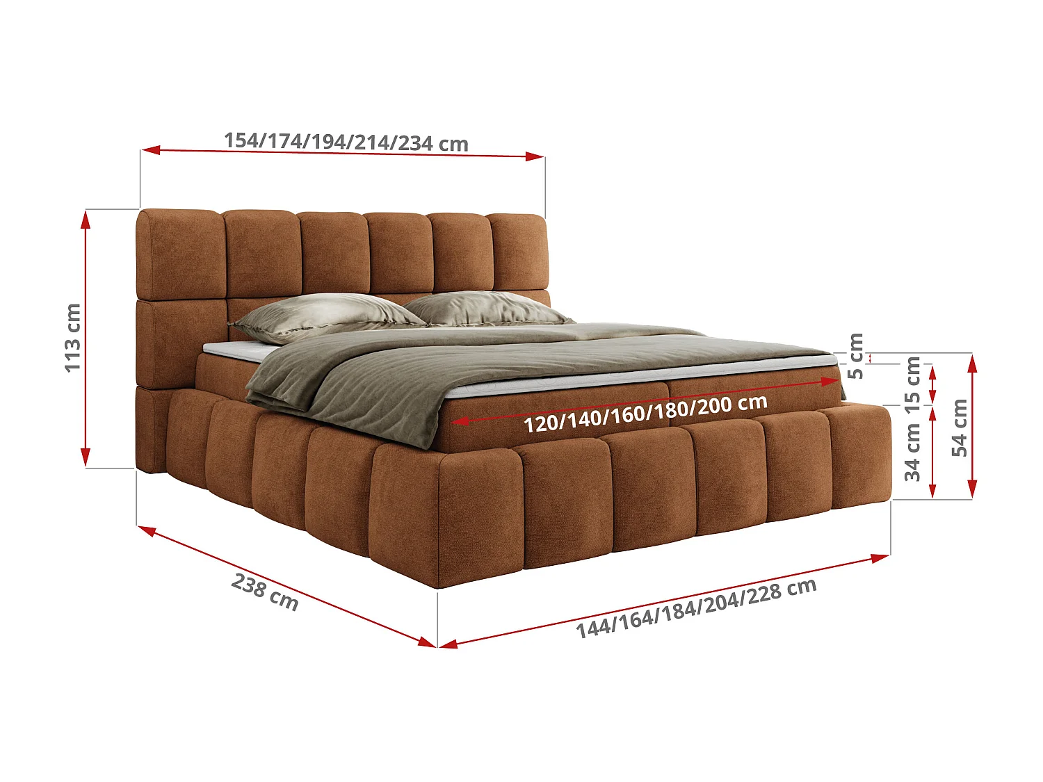 Boxspringbett NIRA - dekorativ kopfteil, Bettkästen und Multipocket-Matratze, Doppelbett für Schlafzimmer - 180x200 cm - H4 - Orange Strukture
