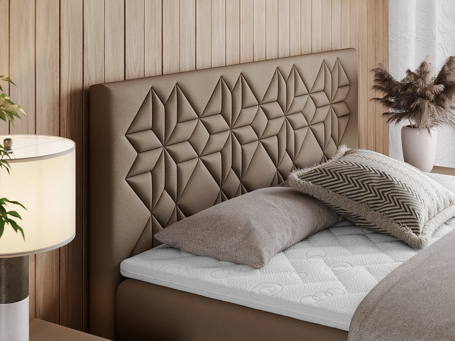 Boxspringbett LEILA - gestepptes Kopfteil,  7 Härtezonen Multipocket-Matratzen, Doppelbett mit Bettkästen - 160x200 cm - H3 - Braun Kunstleder