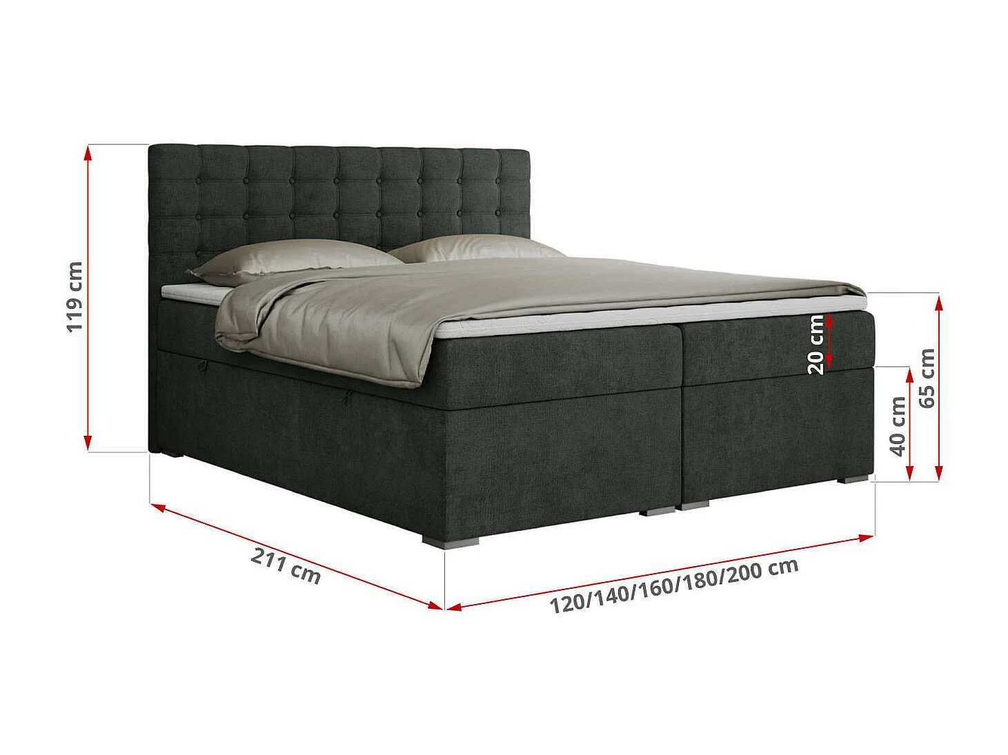 Boxspringbett SUSAN - mit gestepptem Kopfteil, zwei Bettkästen und Topper, gepolstertes Schlafzimmerbett - 180x200 cm - H3 - Dunkelgrau Stukture