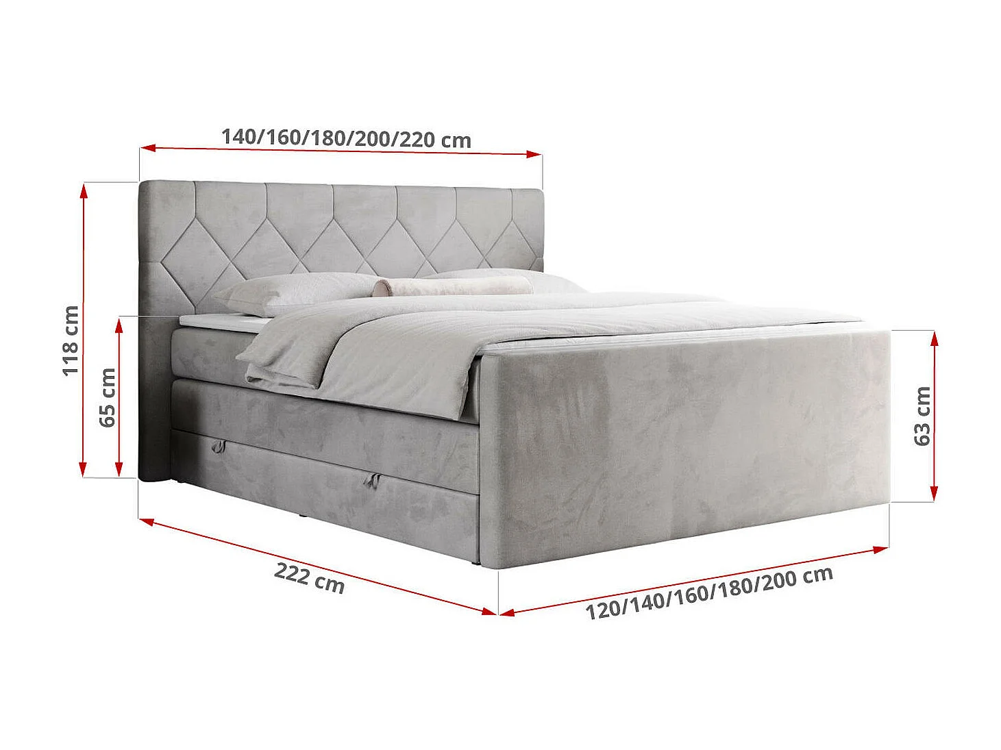Boxspringbett EIGAR KING - Doppelbett mit genähtem Kopfteil, zwei Multipocket-Matratzen, Polsterbett für Schlafzimmer - 180x200 cm - H3 - Hellgrau Velvet