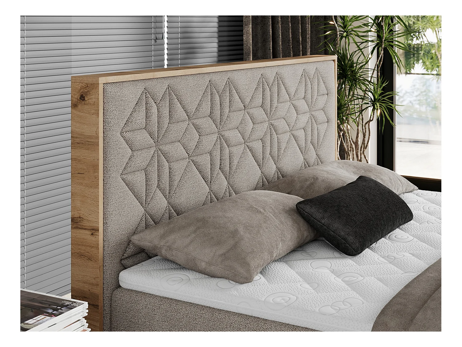 Boxspringbett NESSI - mit hoher Kopfstütze, Multipocket-Matratze und Topper, Doppelbett mit Bettkästen - 180x200 cm - H4 - Beige Strukture