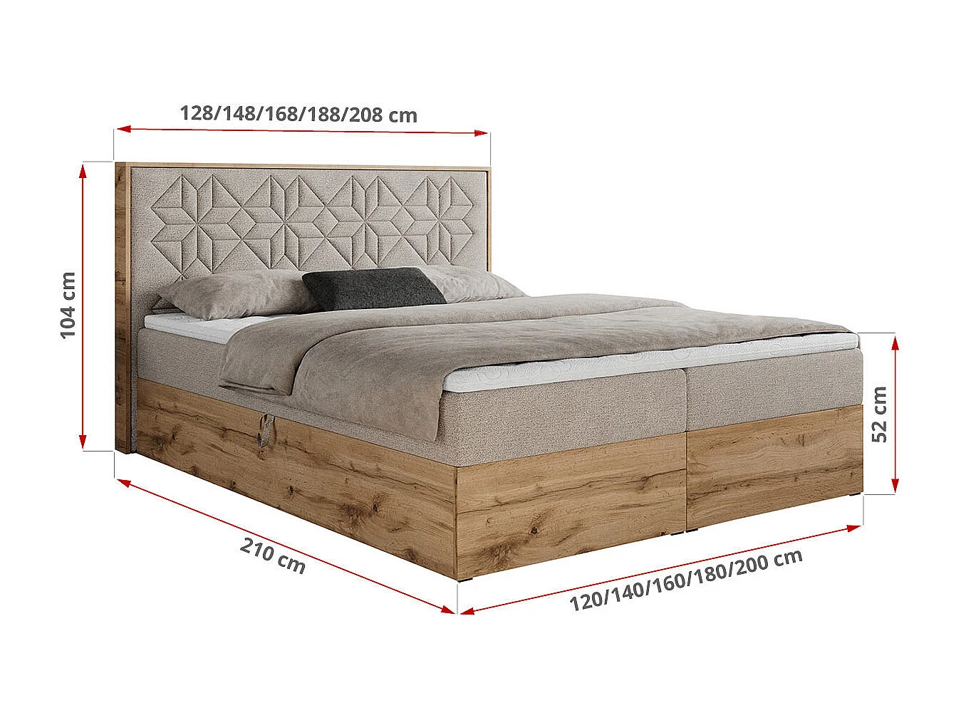 Boxspringbett NESSI - mit hoher Kopfstütze, Multipocket-Matratze und Topper, Doppelbett mit Bettkästen - 180x200 cm - H4 - Beige Strukture