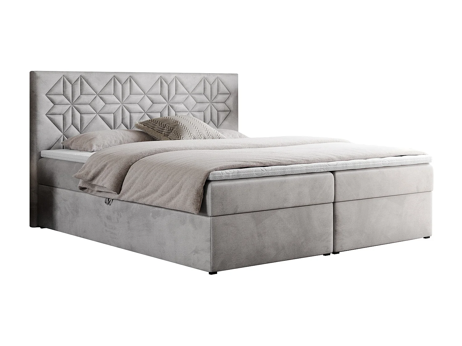 Boxspringbett LEILA - gestepptes Kopfteil,  7 Härtezonen Multipocket-Matratzen, Doppelbett mit Bettkästen - 160x200 cm - H4 - Hellgrau Velvet