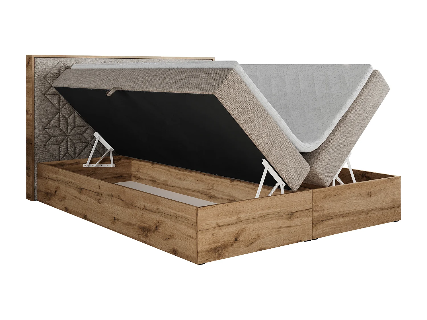 Boxspringbett NESSI - mit hoher Kopfstütze, Multipocket-Matratze und Topper, Doppelbett mit Bettkästen - 140x200 cm - H4 - Beige Strukture