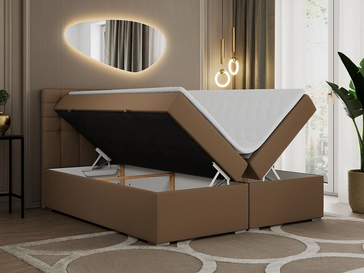 Boxspringbett SUSAN - mit gestepptem Kopfteil, zwei Bettkästen und Topper, gepolstertes Schlafzimmerbett - 200x200 cm - H3 - Braun Kunstleder