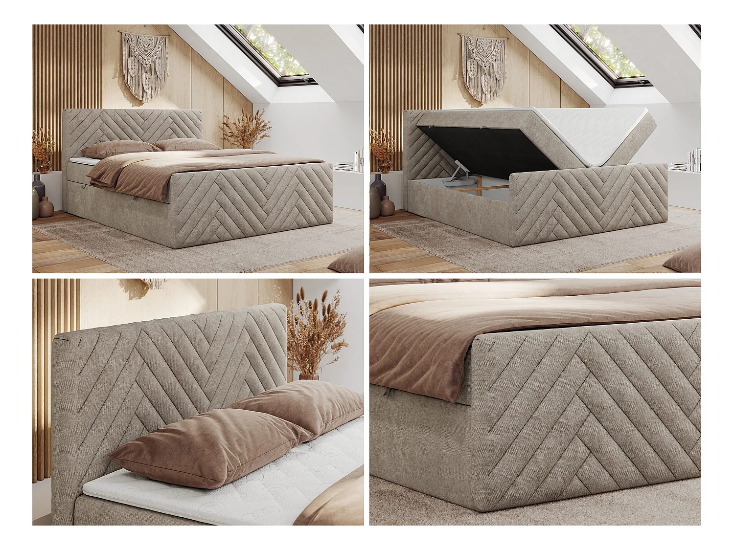 Boxspringbett PARIS DUO - Polsterbett mit genähtem Kopfteil und Frontplatte, Doppelbett, zwei Bettkästen - 180x200 cm - H3 - Beige Strukture
