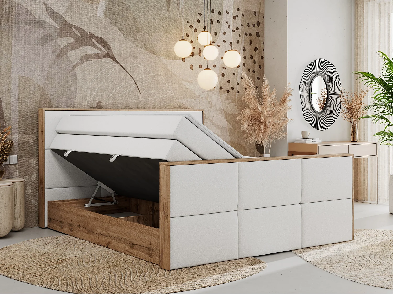 Boxspringbett ALBERO 2 KING DUO - Eiche Wotan Holzrahmen, zwei Multipocket-Matratzen, Bettkästen - 180x200 cm - H3 - Weiß Kunstleder