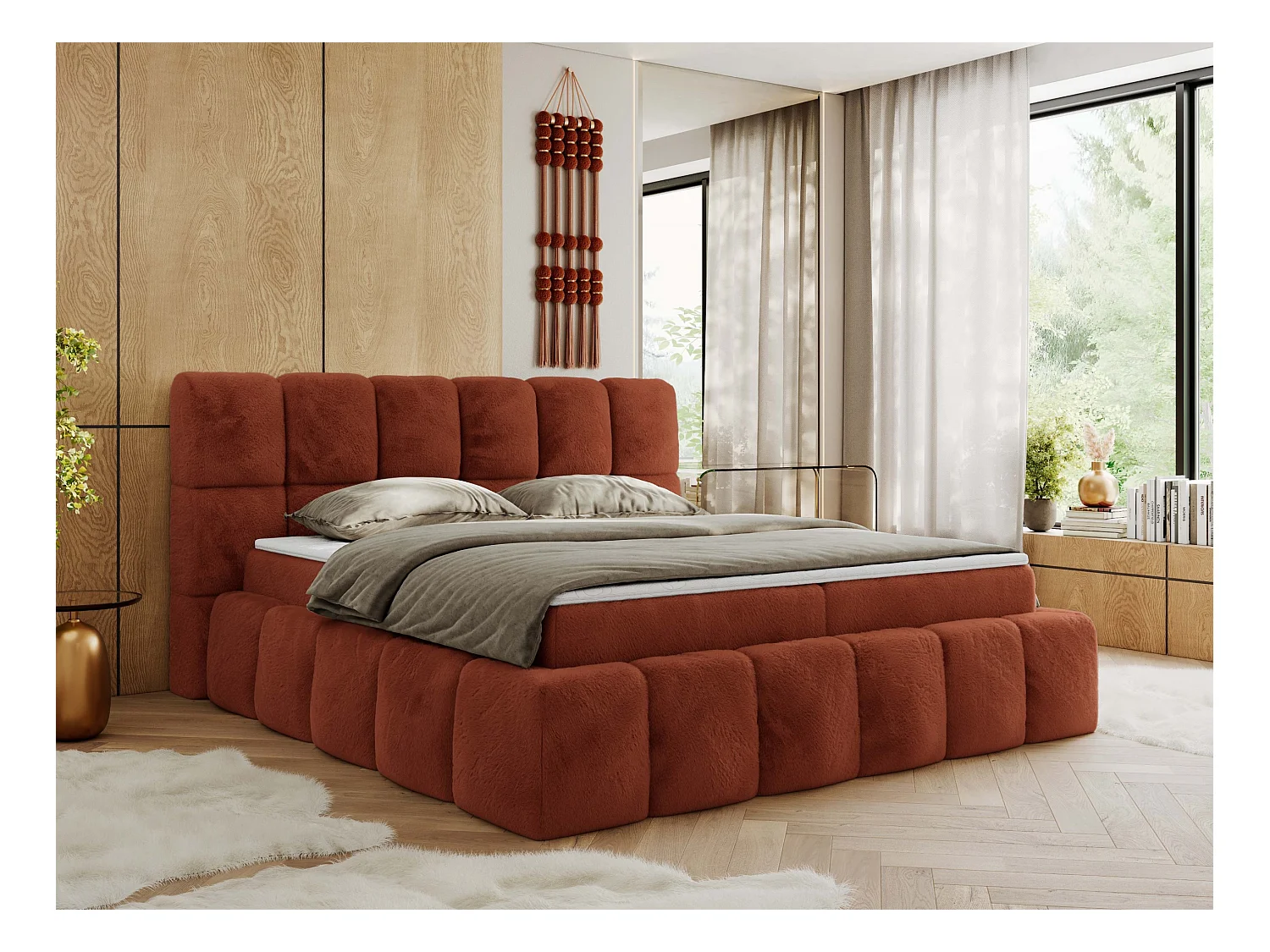 Boxspringbett NIRA - dekorativ kopfteil, Bettkästen und Multipocket-Matratze, Doppelbett für Schlafzimmer - 160x200 cm - H3 - Orange Plüsch