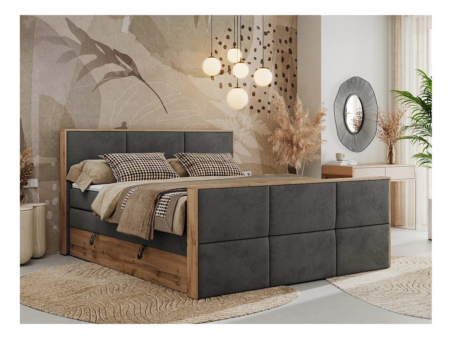 Boxspringbett ALBERO 2 KING DUO - Eiche Wotan Holzrahmen, zwei Multipocket-Matratzen, Bettkästen - 140x200 cm - H3 - Dunkelgrau Velvet